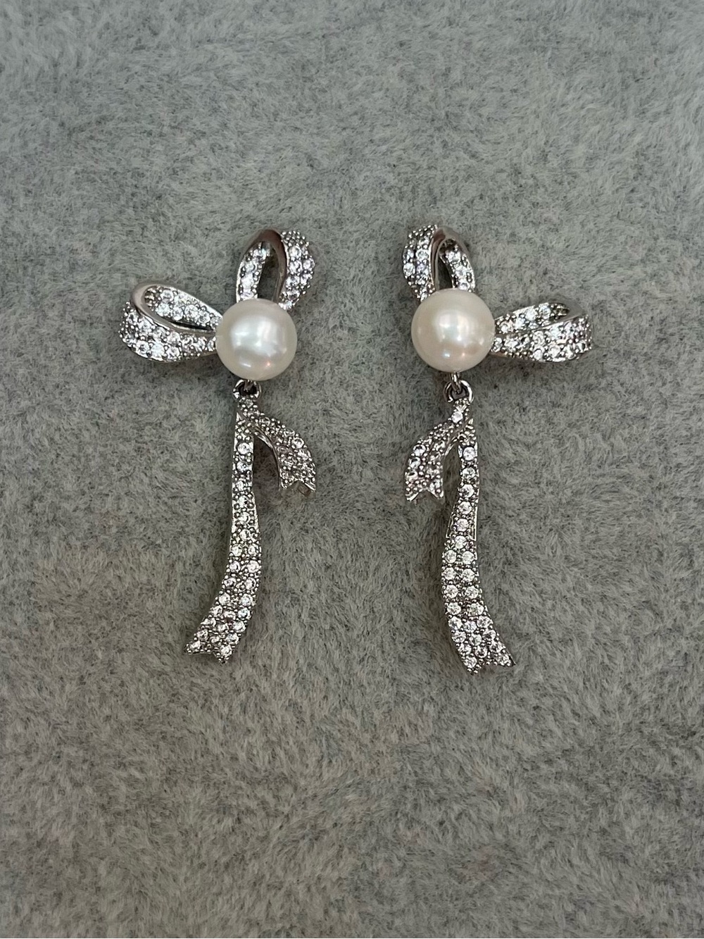Natural Freshwater Pearl & Crystal Bow Drop Earrings - Silver posts